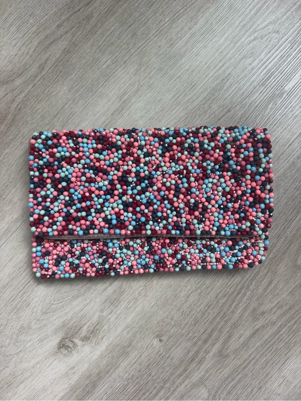 Beaded Multicolor Fold-Over Clutch - Pink, Blue & Black